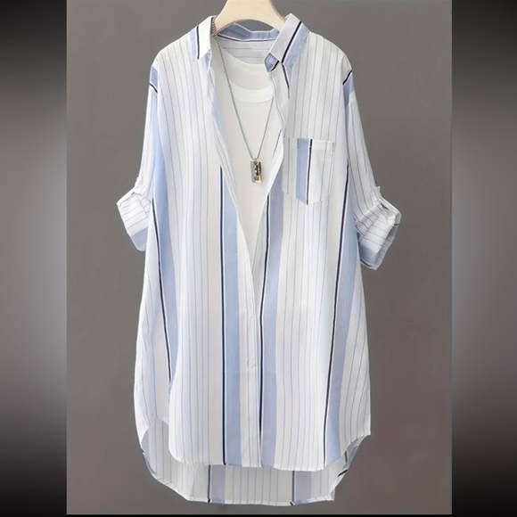 Striped Blouse with Lapel Neck - Long Sleeve Button-Down & Front Pocket Design - Picture 8 of 9